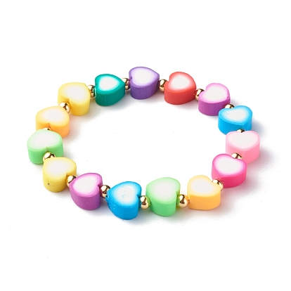 Handmade Polymer Clay Heart Beads Stretch Bracelets, with Brass Beads