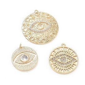 Pendentifs en laiton zircon cubique transparent, rond plat avec breloques mauvais œil