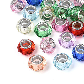 Прозрачного акрилового Европейский бисером, бусины с большим отверстием, с медными сердечниками, рондель, граненые, платина