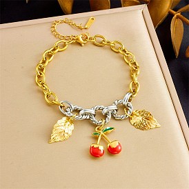 Zweifarbige Armbänder aus Edelstahl mit rotem Kirschblatt-Anhänger und Emaille für Damen
