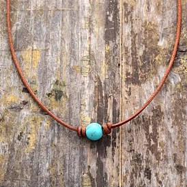 Stone Round Ball Pendant Genuine Leather Handmade Necklace Simple Elegant Jewelry