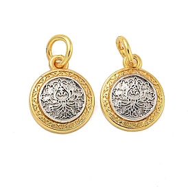 Long-Lasting Plated Brass Pendants, with Jump Rings, Flat Round with Flower