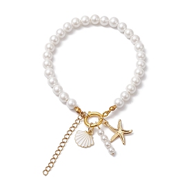 Summer Beach Shell & Starfish Charm Bracelets, 6mm Round Shell Pearl Beaded Bracelets for Women, Golden