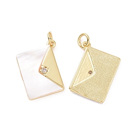 Rack Plating Brass Micro Pave Clear Cubic Zirconia Pendants, with Natural White Shell and Jump Ring, Envelope Charms