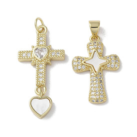 Brass Micro Pave Cubic Zirconia Pendants, with Shell, Cross