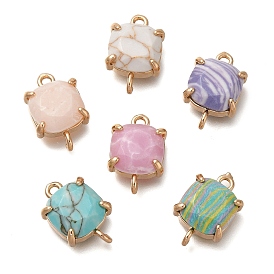 Brass Glass Imitation Gemstone Connector Charms, Square Links, Golden