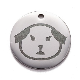Pendentifs en acier inoxydable, polissage manuel, plat rond avec un chien