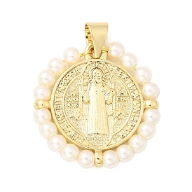 Латунные подвески, плоский круглый с подвесками Святого Бенедикта, с искусственным жемчугом, долговечный, без кадмия и без свинца