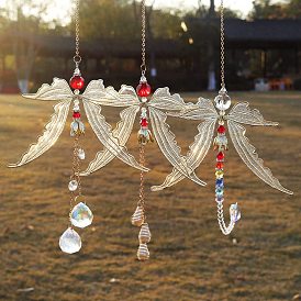 Round/Peal/Triangle Glass Hanging Ornaments, Big Dragonfly Metal Suncatchers for Outdoor Garden Decorations