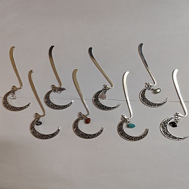 Marque-pages en alliage de style tibétain, signet pendentif croissant de lune, marqueur de livre à breloques pierres précieuses et éclats de verre