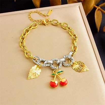 Bracelet bicolore en acier inoxydable émaillé rouge avec breloque feuille de cerisier pour femme