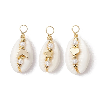 3 шт. 3 стили из натуральной раковины каури, медная проволока, обернутые подвески, подвески из латуни в виде луны, сердца и звезды с ракушечными жемчужинами