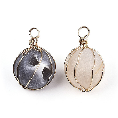 Natural Druzy Geode Agate Pendants, Wire Wrapped Pendants, with Brass Wire, Round