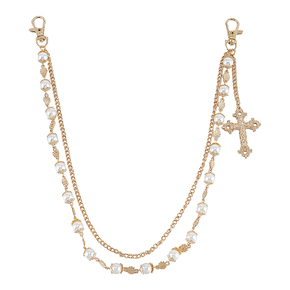 1Цепочка из сплава, железа и круглого белого искусственного жемчуга, двухслойная, с крестиком, подвеской, цепочка для брюк, белые