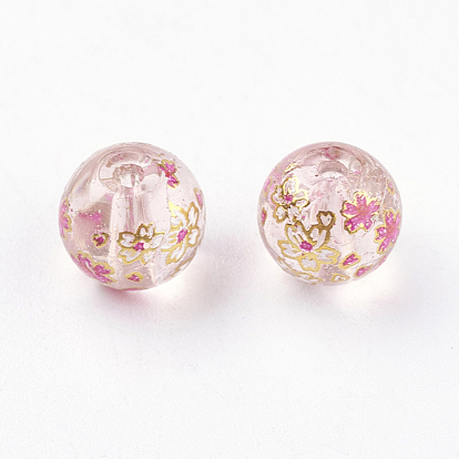 Flower Picture Printed Glass Beads, Round