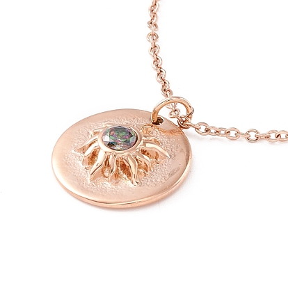 Clear Cubic Zirconia Flat Round with Sun Pendant Necklace, 304 Stainless Steel for Women Ion Plating(IP)