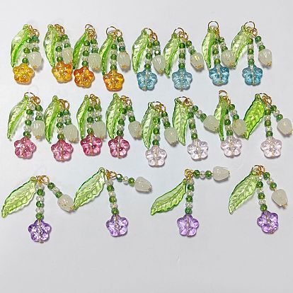 20 pièces 5 pendentifs floraux artisanaux en verre filé et acrylique, avec les accessoires en fer