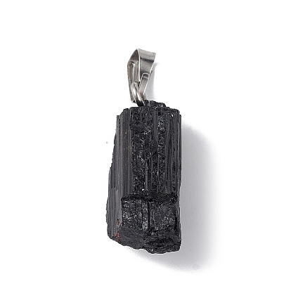 Fábrica de China Colgantes naturales de turmalina negro, de pepitas con acero inoxidable chapado en color 201 ganchos a presión de acero inoxidable 13~21x11~12x9.5~12 mm, agujero: 3.5x7.5 granel en