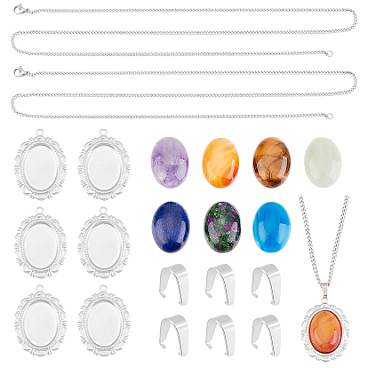 Kit para hacer collar con colgante ovalado de piedra natural mixta, incluyendo 304 monturas de colgantes de acero inoxidable y fabricación de collares y ganchos a presión, cabujones de piedras preciosas naturales