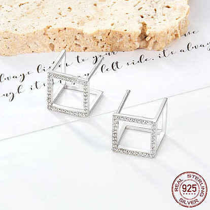 Rhodium Plated Sterling Silver Cube Stud Earrings, Cubic Zirconia Half Hoop Earrings