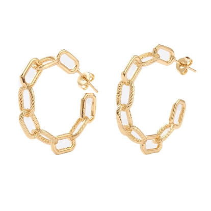 Semicircular Brass Half Hoop Earrings, Stud Earrings, with Ear Nuts, Long-Lasting Plated, Textured, Cable Chain Shape