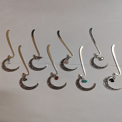 Marque-pages en alliage de style tibétain, signet pendentif croissant de lune, marqueur de livre à breloques pierres précieuses et éclats de verre