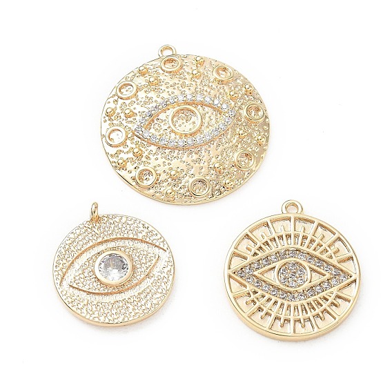 Brass Micro Pave Clear Cubic Zirconia Pendants, Flat Round with Evil Eye Charms