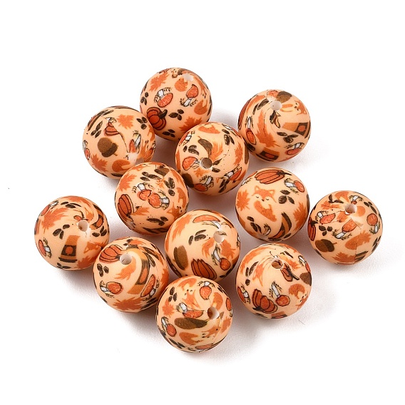 Autumn Food Grade Eco-Friendly Printed Silicone Beads, Pumpkin Maple Leaf Fox Hazelnut Round