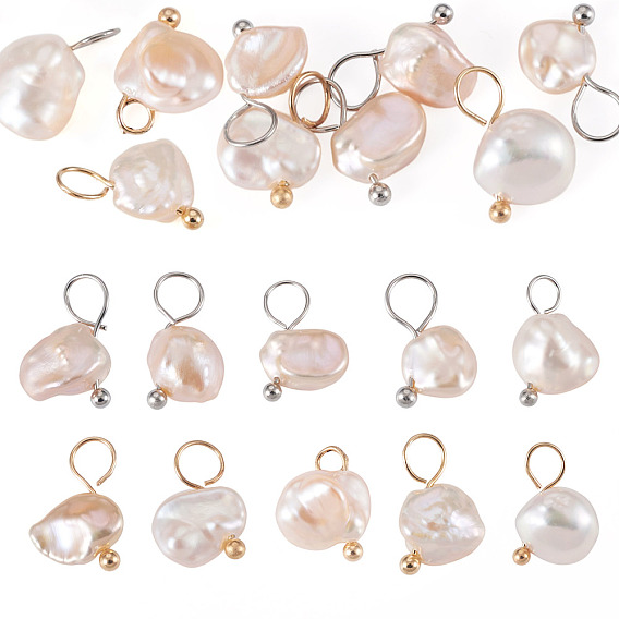 10Pcs 2 Colors Natural Baroque Keshi Pearl Pendants, Petaline Charm, with Brass Loop