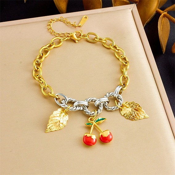 Bracelet bicolore en acier inoxydable émaillé rouge avec breloque feuille de cerisier pour femme