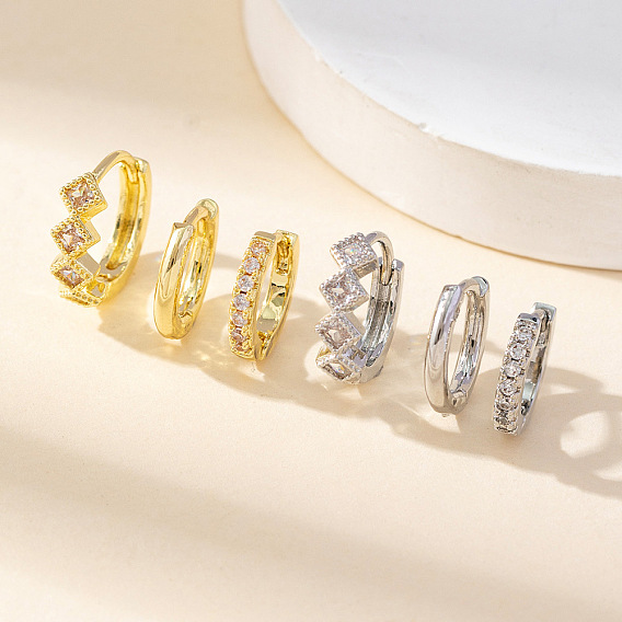 3шт. серьги-кольца из латуни с микропаве из прозрачного кубического циркония в форме ромба