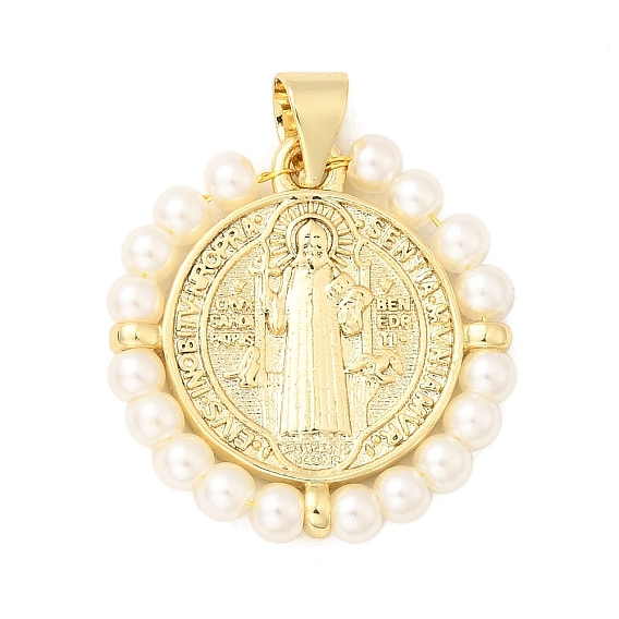 Латунные подвески, плоский круглый с подвесками Святого Бенедикта, с искусственным жемчугом, долговечный, без кадмия и без свинца