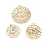 Brass Micro Pave Clear Cubic Zirconia Pendants, Flat Round with Evil Eye Charms