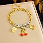 Bracelet bicolore en acier inoxydable émaillé rouge avec breloque feuille de cerisier pour femme