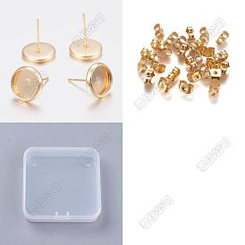 Flat Round 304 Stainless Steel Stud Earring Settings, with 304 Stainless Steel Ear Nuts