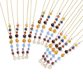 Universe Galaxy The Nine Planets Guardian Star Stone Necklaces, Natural & Synthetic Gemstone Necklaces, with Iron Cable Chains, 304 Stainless Steel Pendants, Lobster Claw Clasps, Constellations