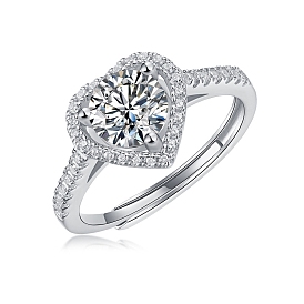 Родиевое покрытие 925 регулируемые кольца из стерлингового серебра с микропаве циркония, Женские кольца на палец с прозрачным сердцем и муассанитами и стразами