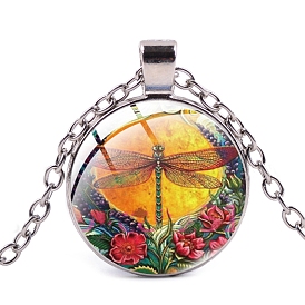 Alloy Cable Chain Necklaces, Glass Dragonfly & Flower Pendant Necklaces for Sweater