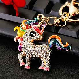 Zinc Alloy Rhinestone Unicorn Pendant Keychain, with Enamel, for Handbag Car Key Gift Pendant