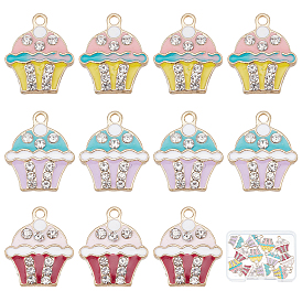 15Pcs 3 Colors Alloy Enamel Pendants, with Crystal Rhinestone, Light Gold, Cup Cake