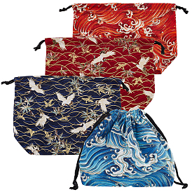 Nbeads 4Pcs 4 Colors Polycotton Bags, with Drawstring Rope, Rectangle with Wave & Bird Pattern