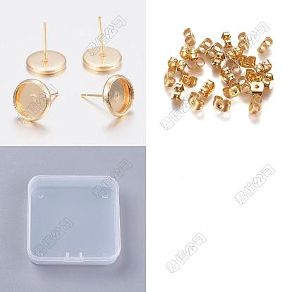 Flat Round 304 Stainless Steel Stud Earring Settings, with 304 Stainless Steel Ear Nuts