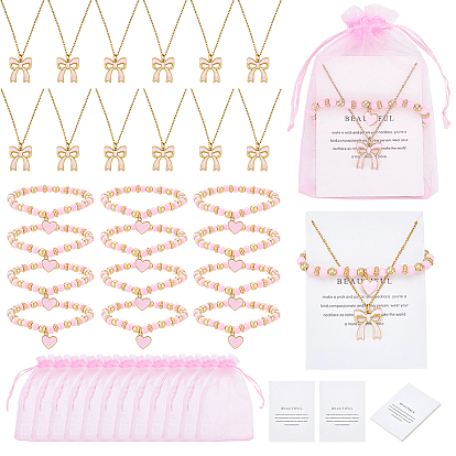 12 Colliers avec pendentif nœud papillon en alliage émaillé et perles en plastique CCB avec bracelets à breloques en forme de cœur, y compris les sacs en organza, cartes en papier