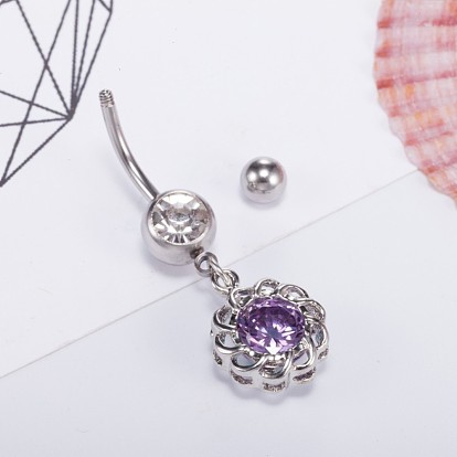 Bijoux piercing, anneau de nombril en laiton zircone cubique, anneau de nombril anneaux de ventre, avec 304 barre en acier inoxydable, sans plomb et sans cadmium, fleur