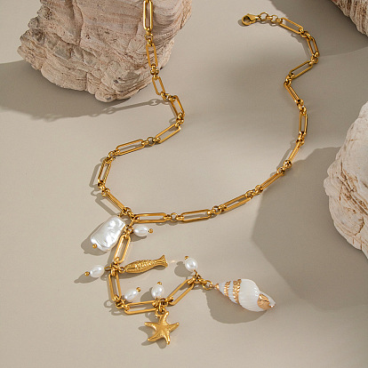 Мода Океан 304 Подвеска в виде морской звезды и ожерелья из нержавеющей стали и натурального жемчуга и ракушек для женщин, белые