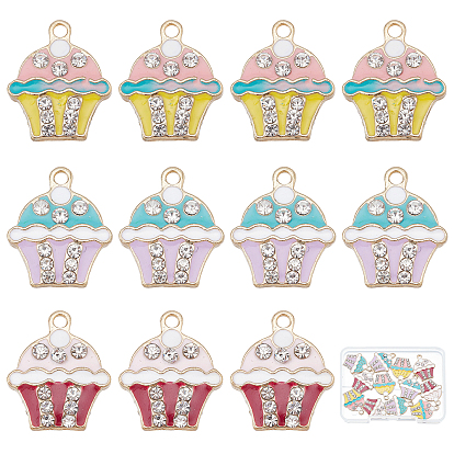 15Pcs 3 Colors Alloy Enamel Pendants, with Crystal Rhinestone, Light Gold, Cup Cake
