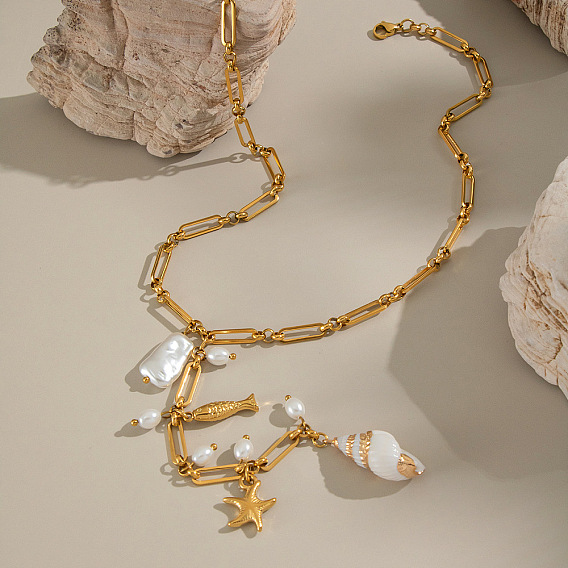 Мода Океан 304 Подвеска в виде морской звезды и ожерелья из нержавеющей стали и натурального жемчуга и ракушек для женщин, белые