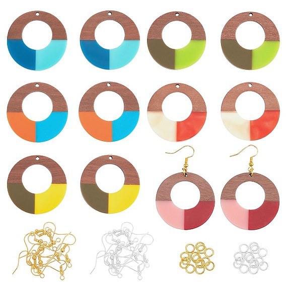 DIY Walnut Wooden Dangle Earring Making Kits, Including 12Pcs 6 Styles Ring Resin & Walnut Wood Pendants, Iron Earring Hooks & Jump Rings