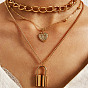 Vintage Double-Layered Gold Alloy Key Lock Pendant Necklace for Women