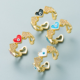 Brass Micro Pave Clear Cubic Zirconia Cuff Rings, with Enamel for Women, Heart with Evil Eyes